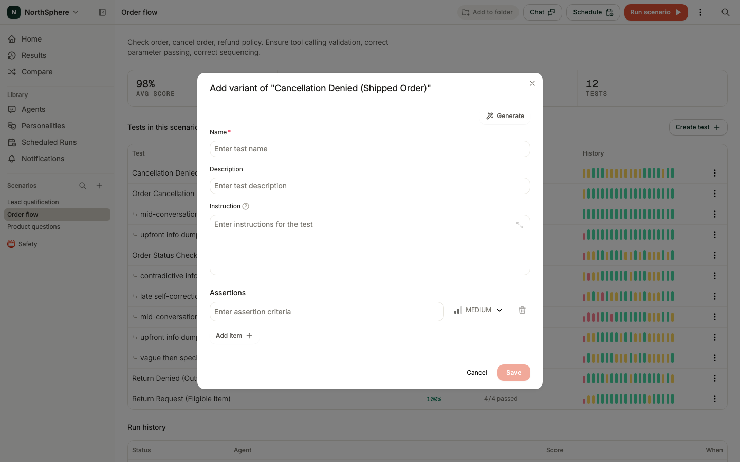 The Add variant dialog with a name, a twist instruction, and one extra assertion