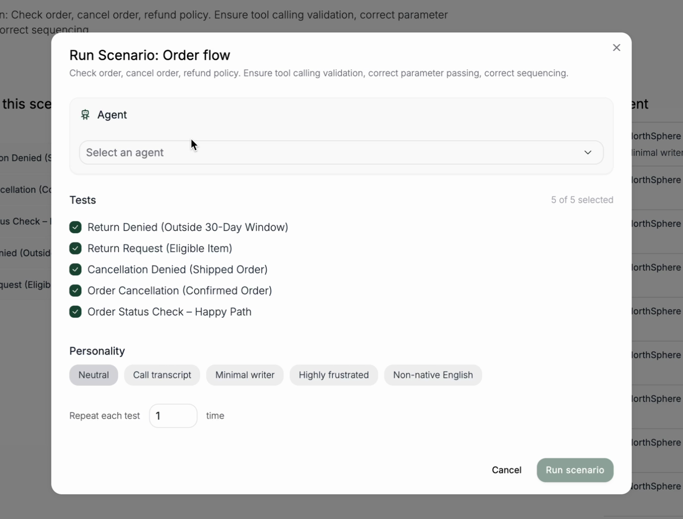 The advanced run dialog showing test checkboxes, personality chips, and repetition input