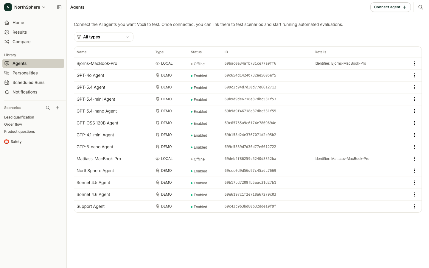 The Agents page showing connected agents in a table with name, type, status, and details