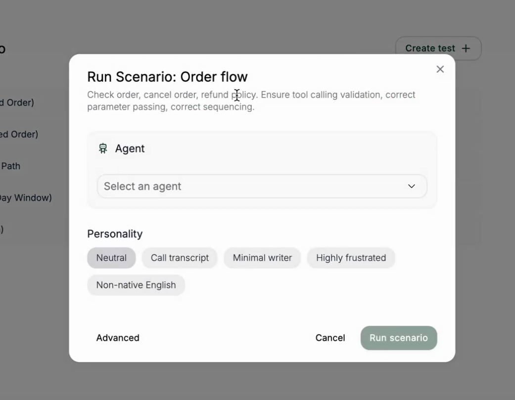 The Run Scenario dialog showing agent selection and personality options