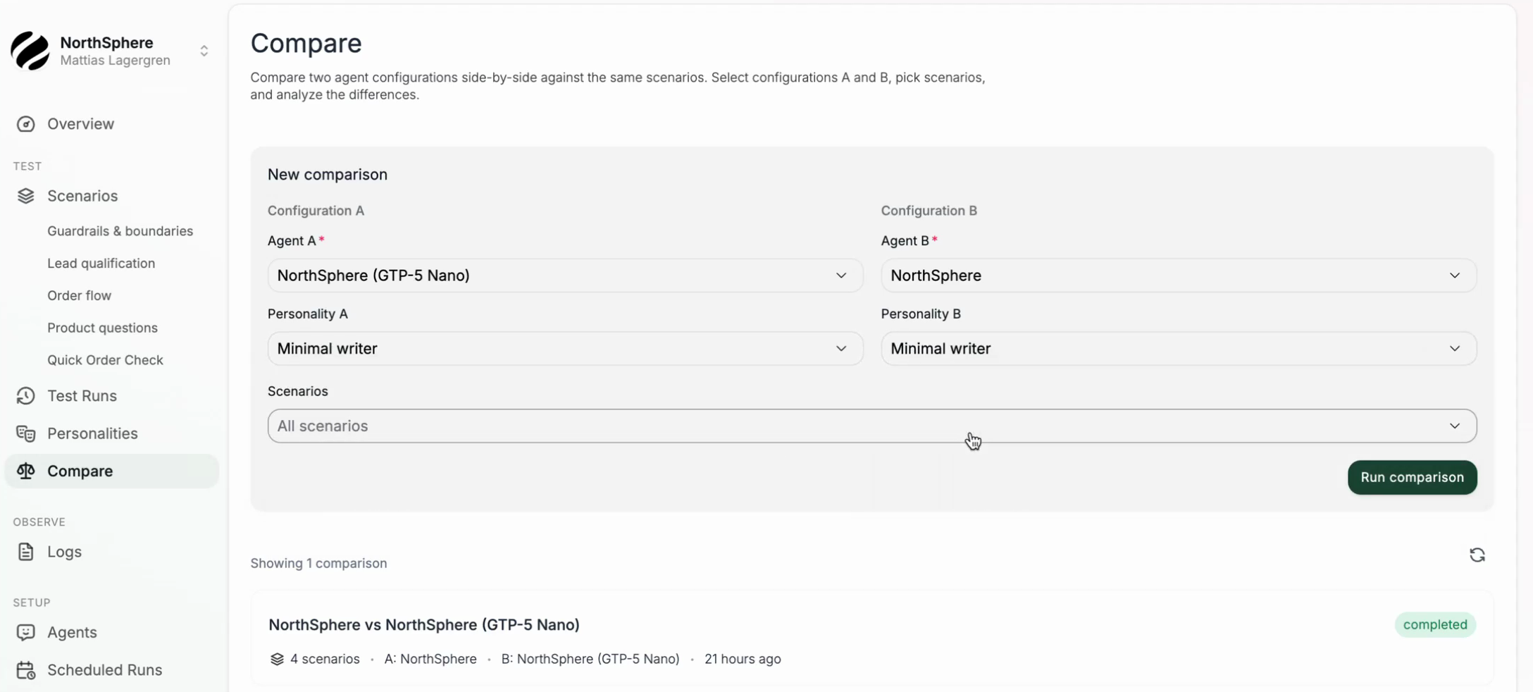 The Compare page with Agent A, Agent B, personality, and scenario selection