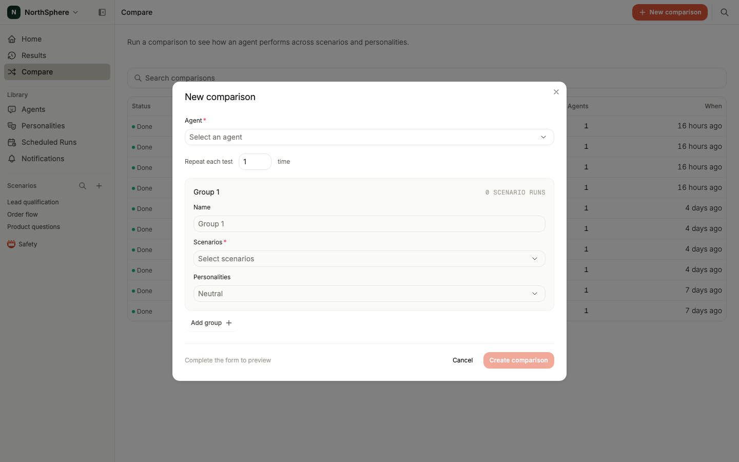 The New comparison dialog showing the agent, groups, scenarios, and personalities