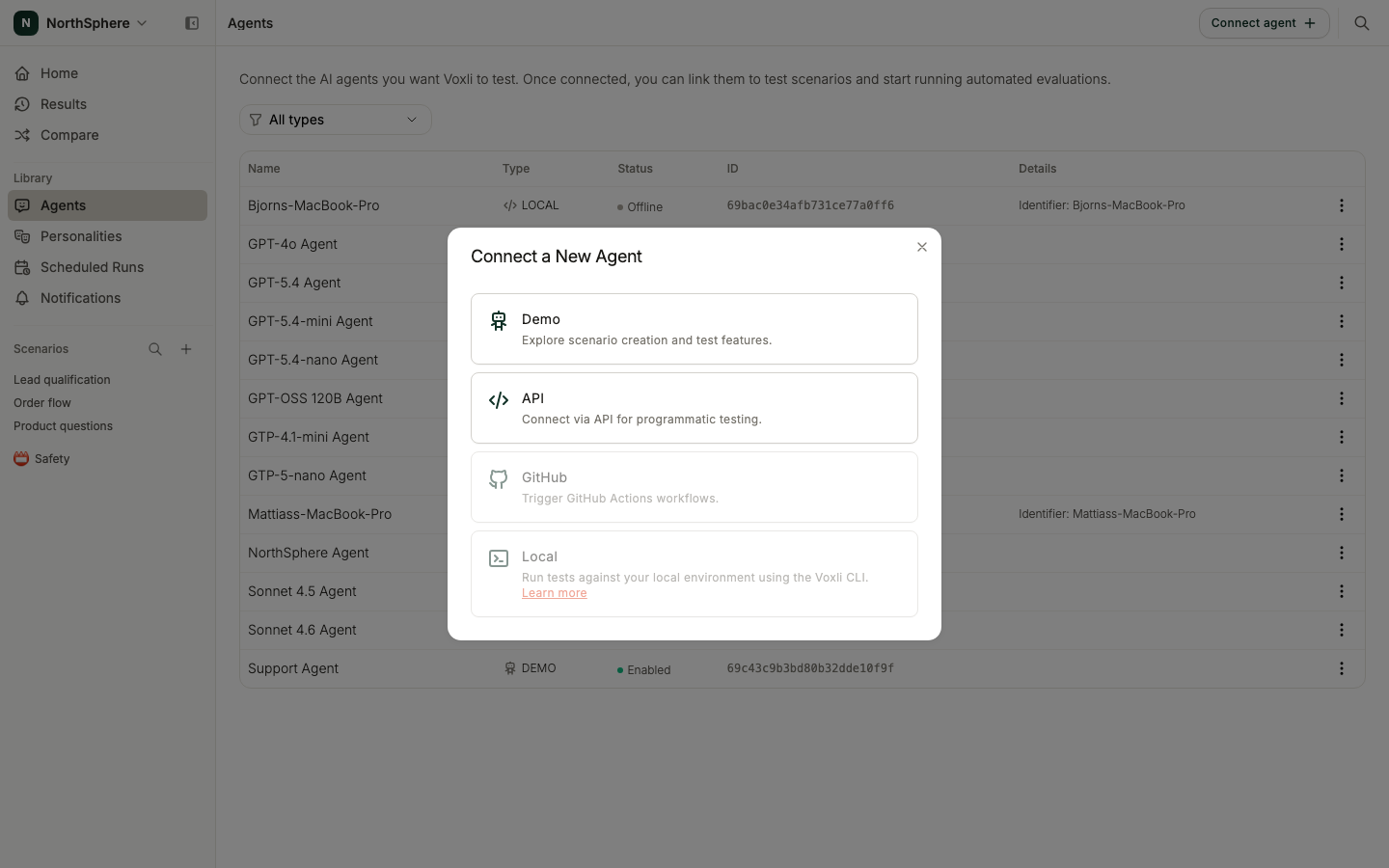 The Connect a New Agent dialog showing Demo, API, GitHub, and Local options