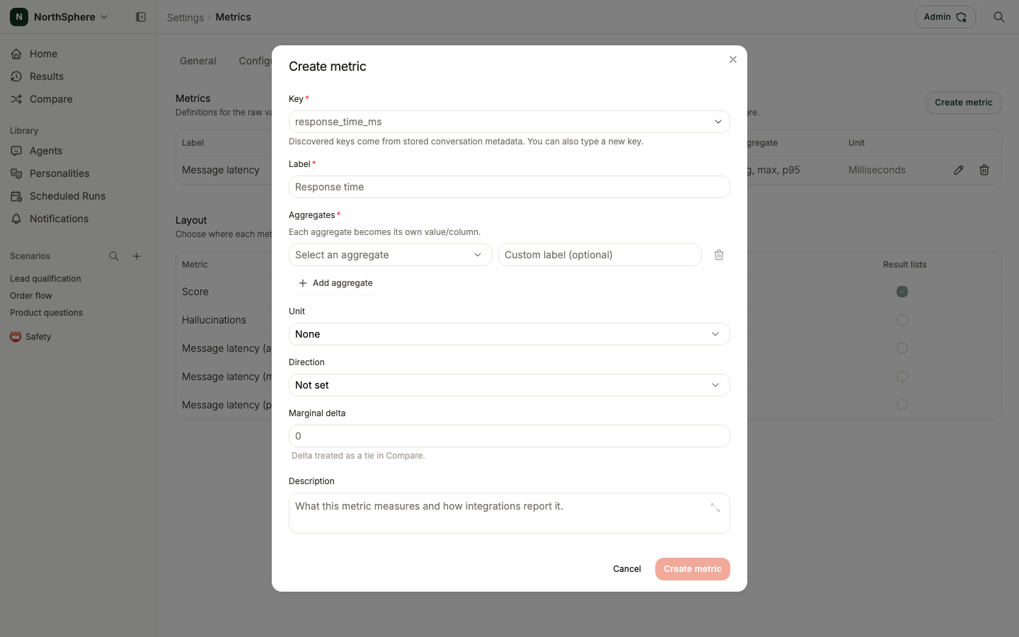 The Create metric dialog with key, label, aggregates, unit, and direction fields