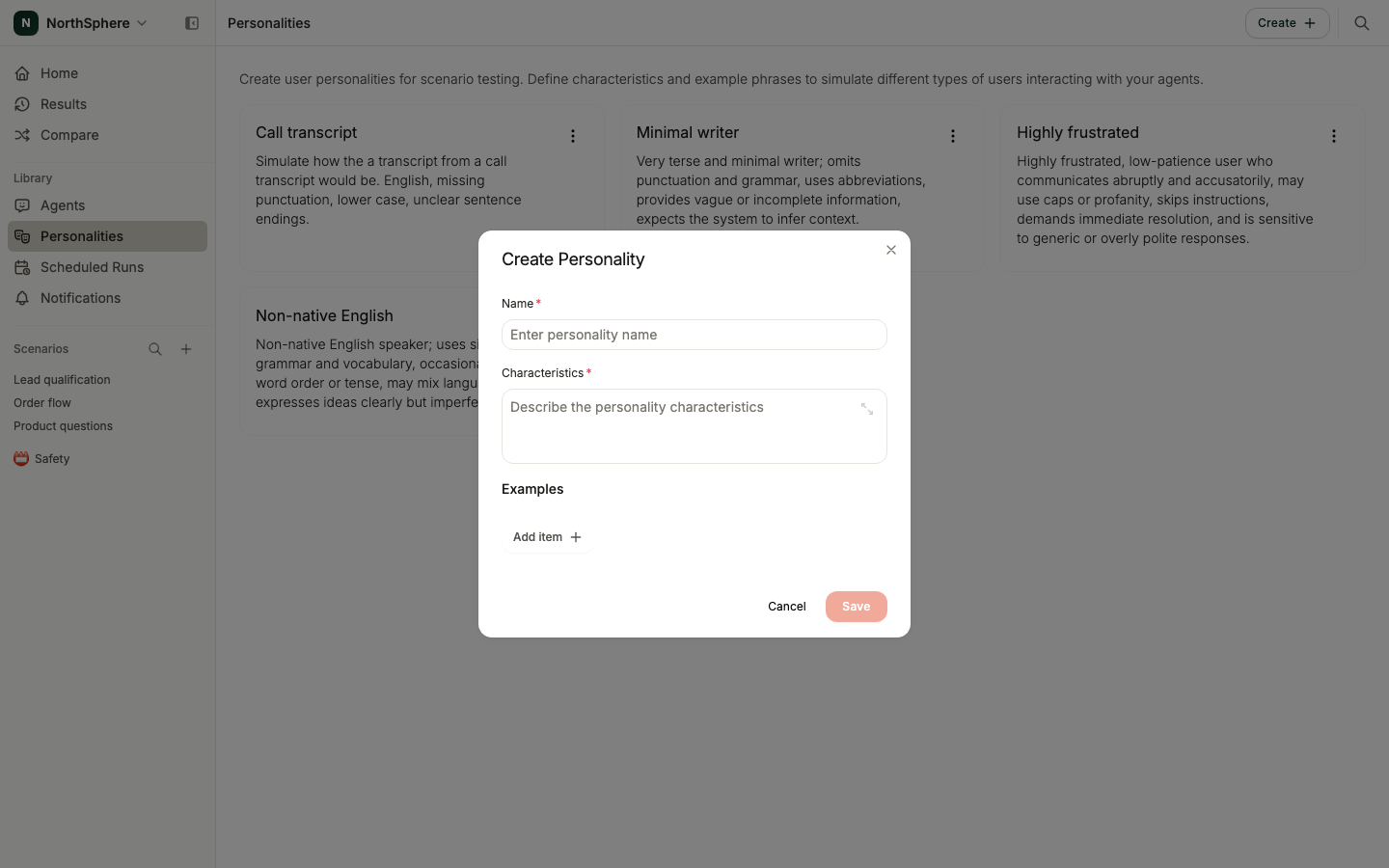 The Create Personality dialog filled in with name, characteristics, and examples