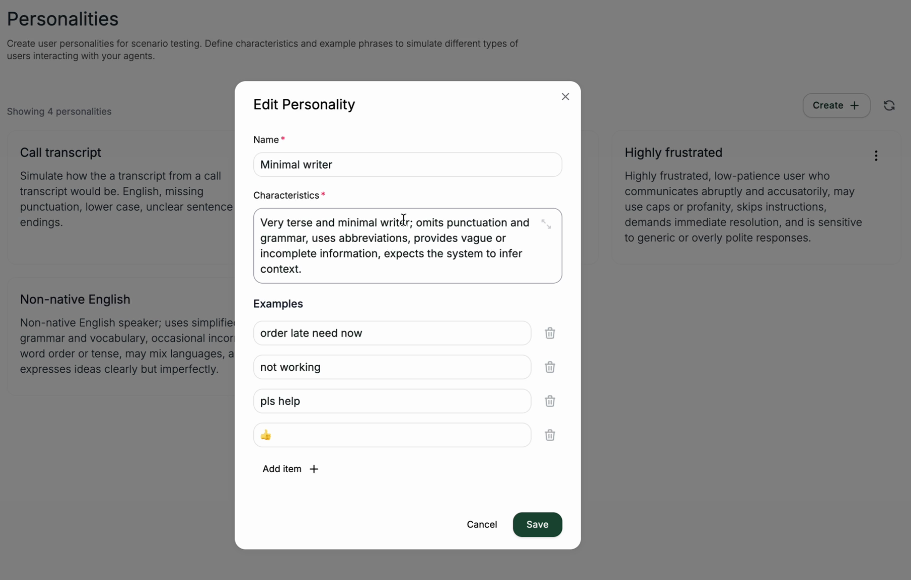 The Create Personality dialog filled in with name, characteristics, and examples
