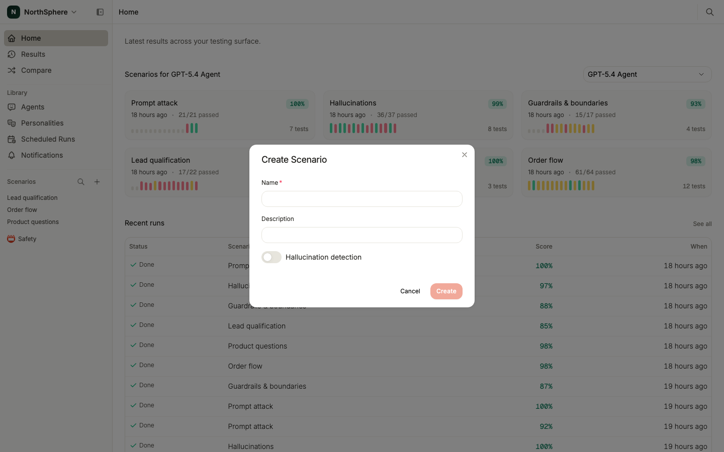 The Create Scenario dialog with name and description fields