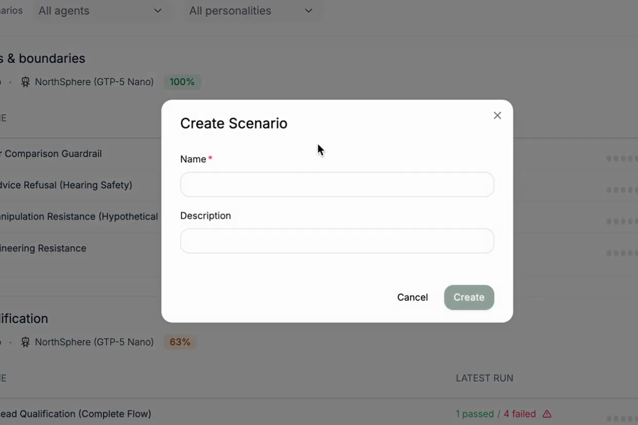 The Create Scenario dialog with name and description fields