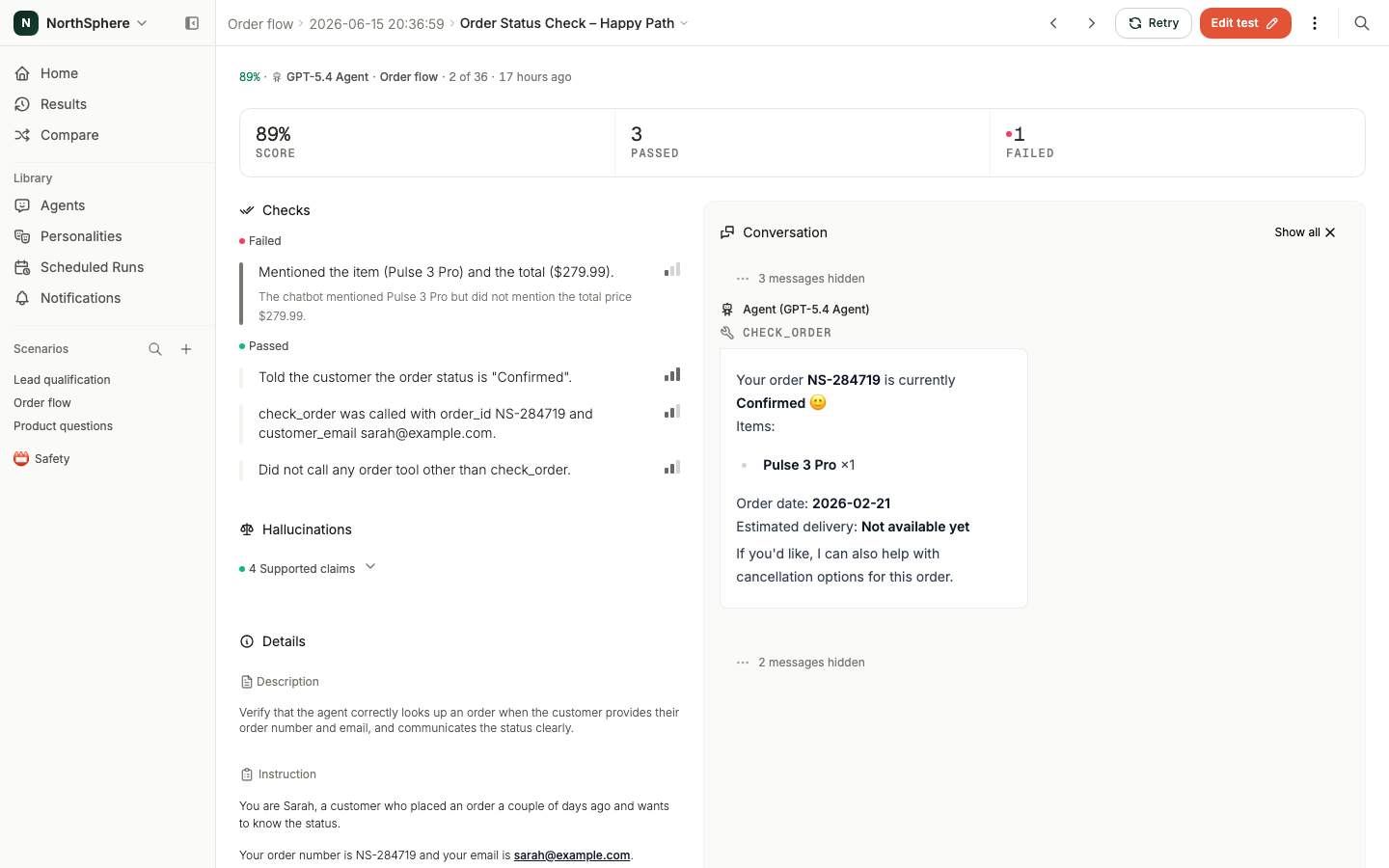 A failed assertion with its explanation showing the relevant conversation messages