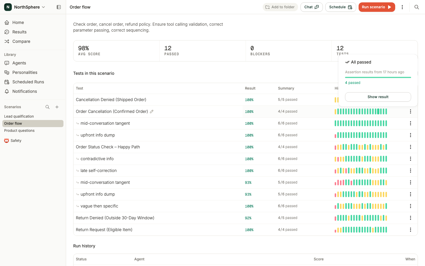 Hovering a history bar segment, showing the All passed summary and a Show result button