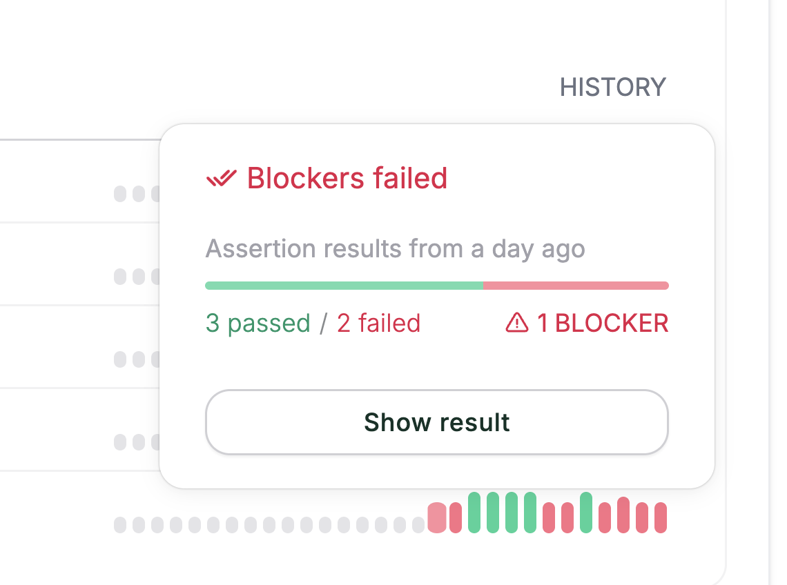 Hovering over a history bar segment showing the Show result option