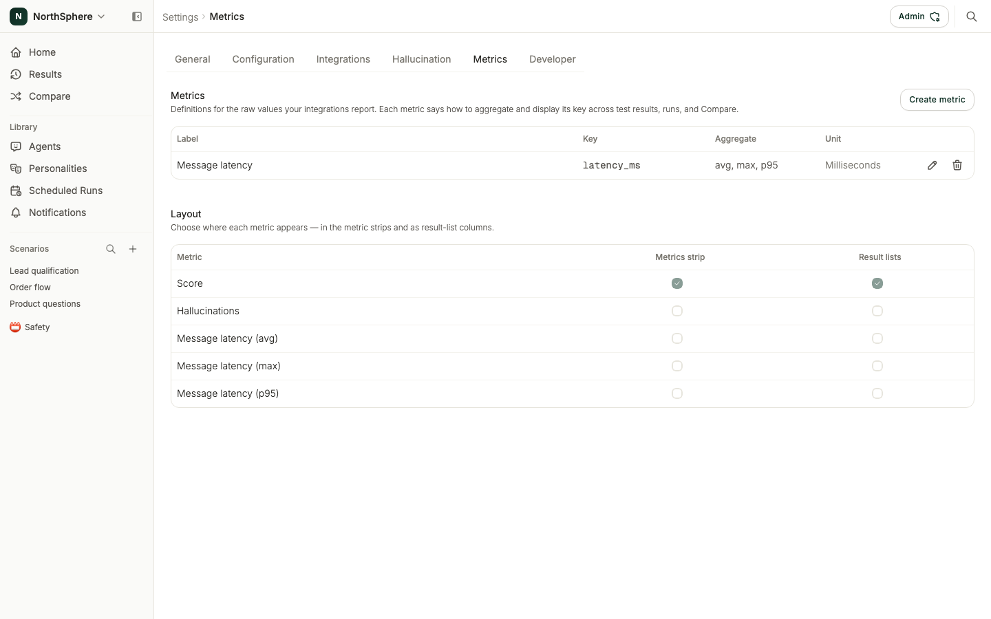 The Metrics settings page listing defined metrics with their key, aggregate, and unit