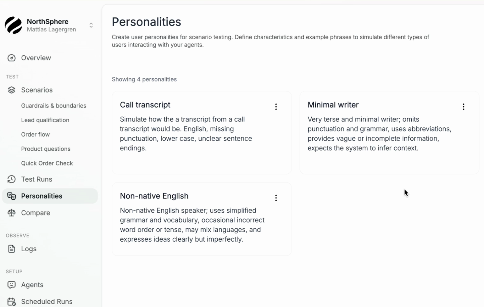 The Personalities page showing personality cards