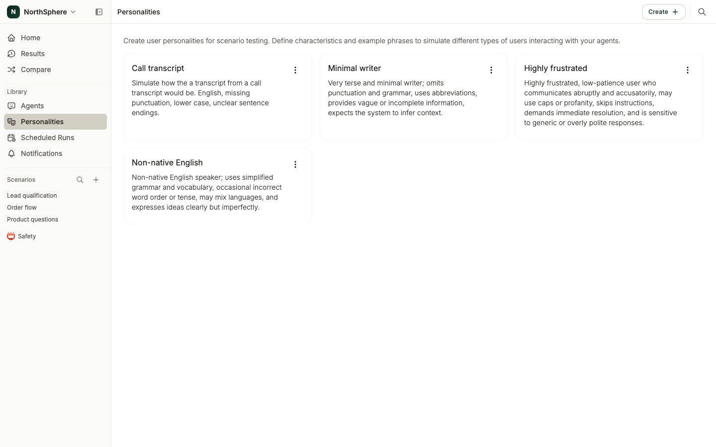 The Personalities page showing personality cards