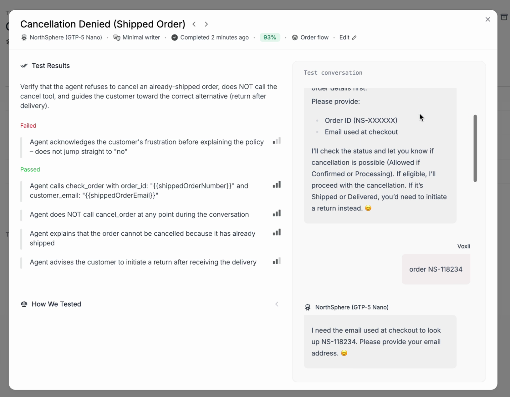 A test result showing the conversation with personality-adapted messages