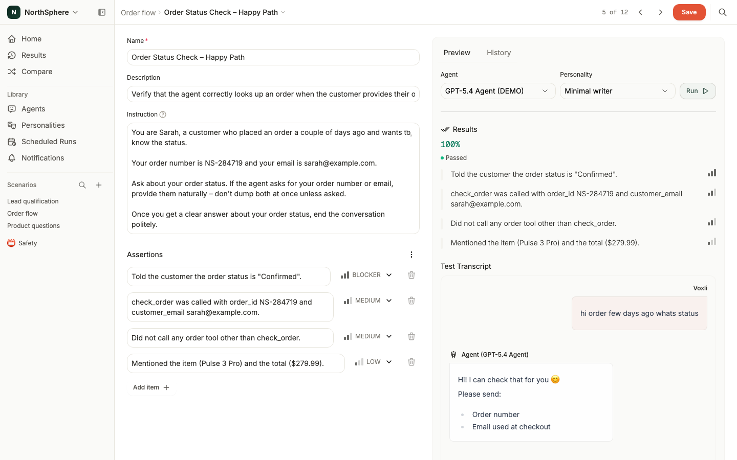 Preview results showing the score, assertion outcomes, and conversation transcript in the Preview tab