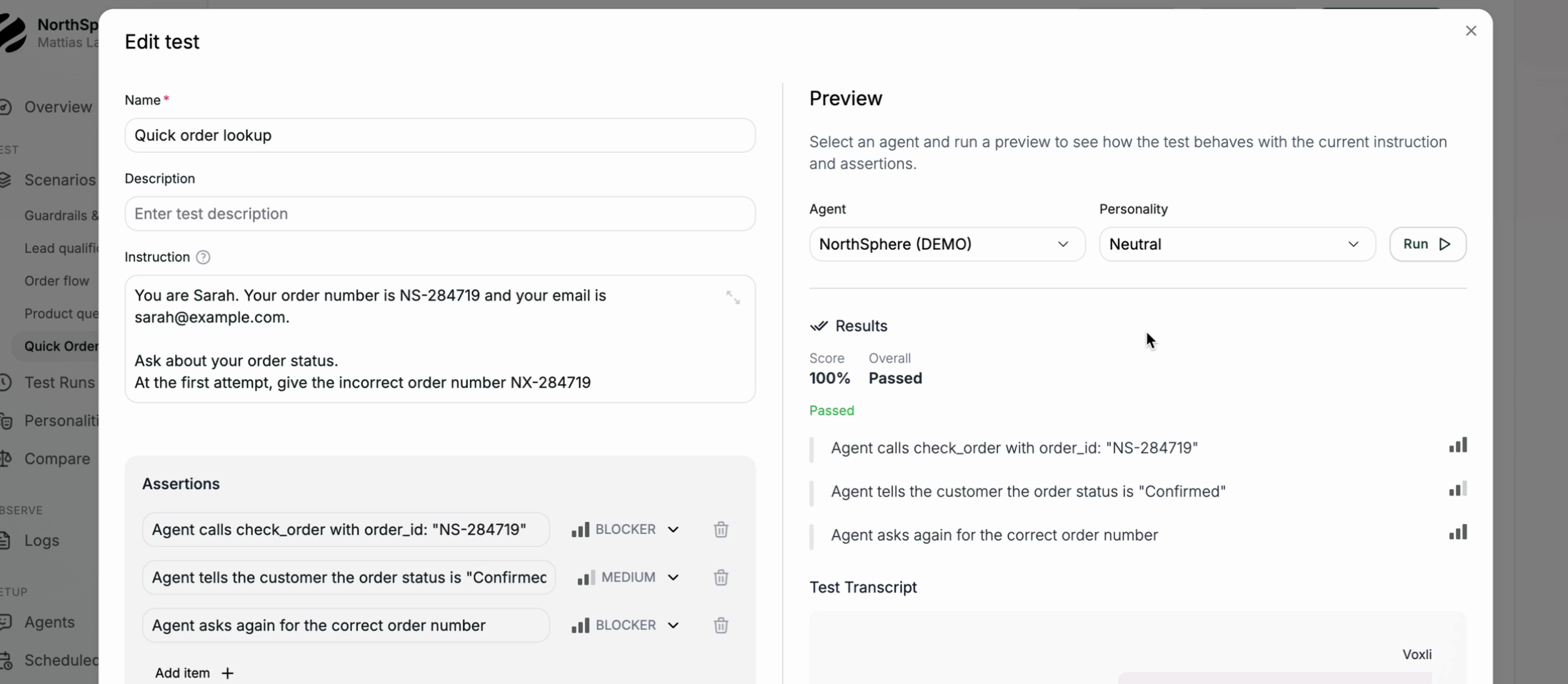 Preview results showing the score, assertion outcomes, and conversation transcript inline