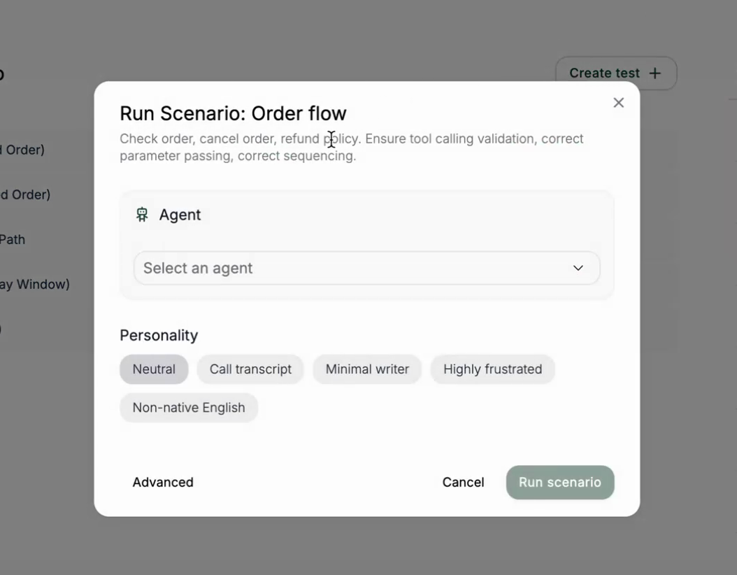 The Run Scenario dialog with agent and personality selection