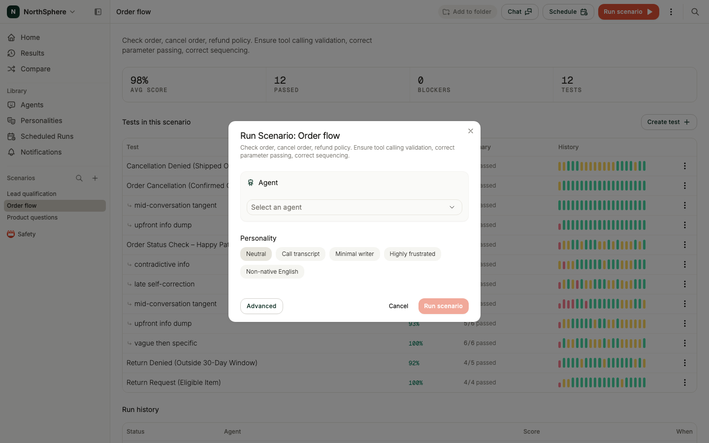 The Run Scenario dialog with agent and personality selection