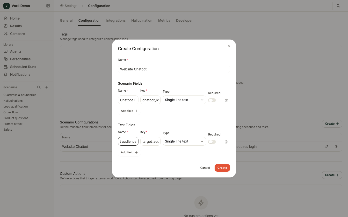 The Create Configuration dialog with a name, scenario fields, and test fields