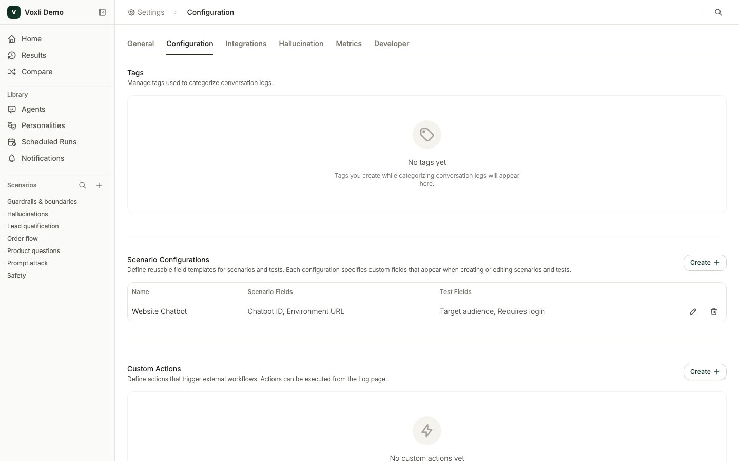 The Configuration settings page listing a configuration with its scenario and test fields