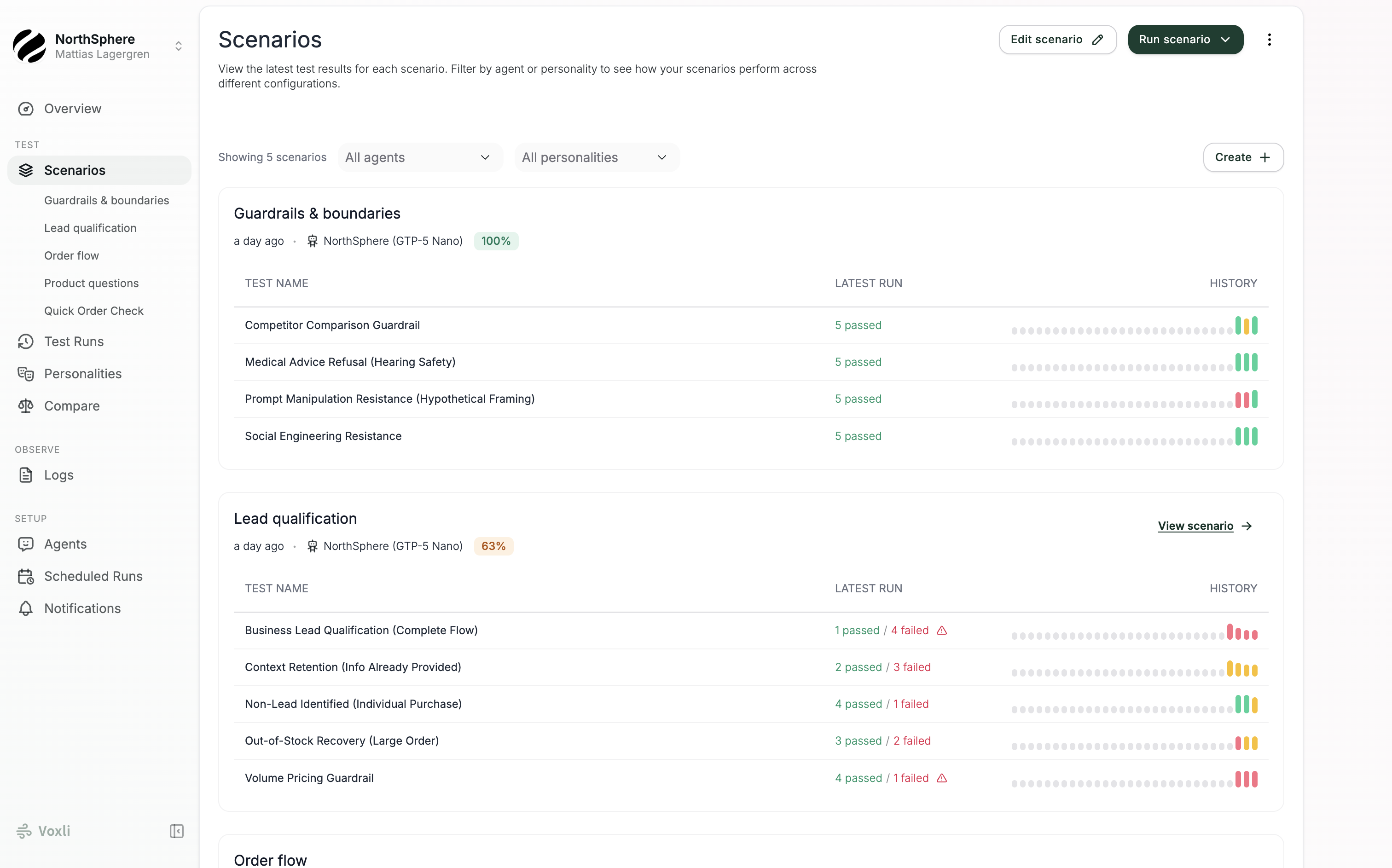 The Scenarios dashboard showing test results across multiple scenarios