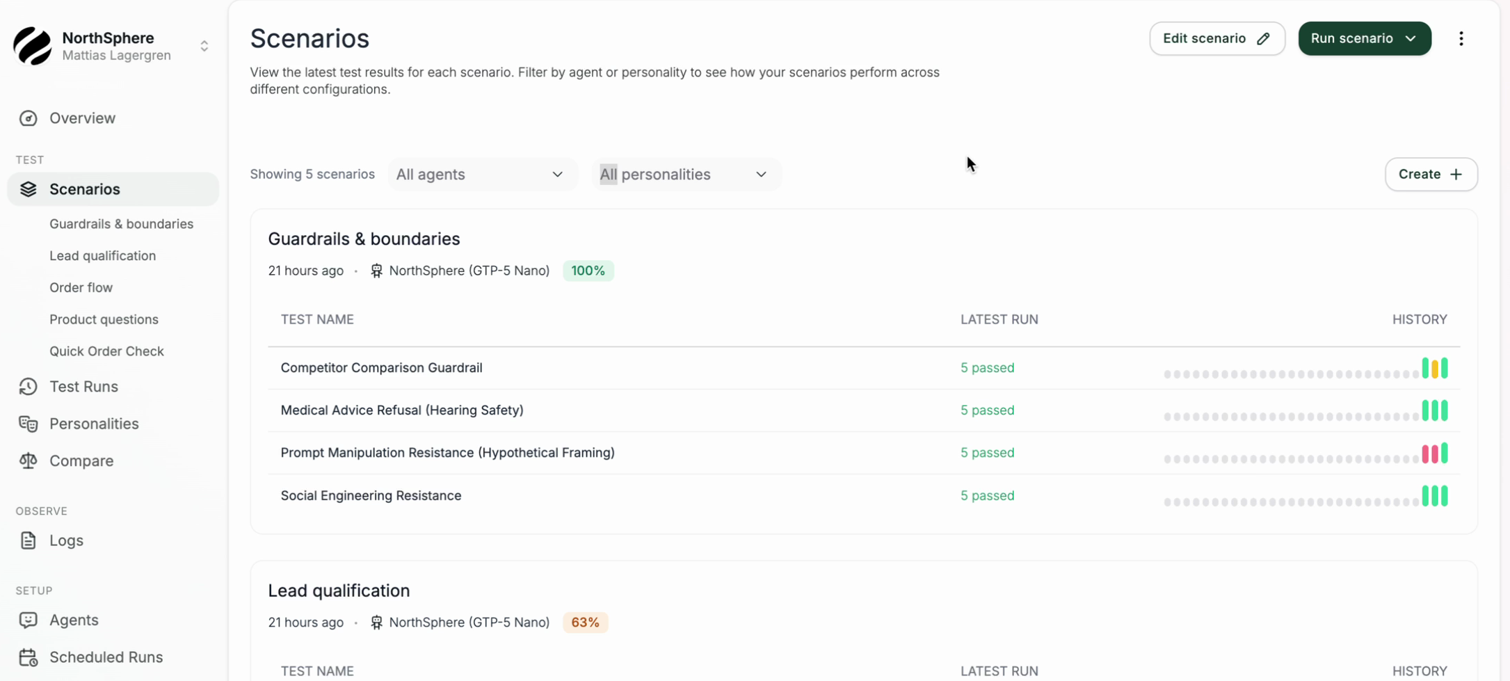 The Scenarios page showing scenario cards with test results and history bars