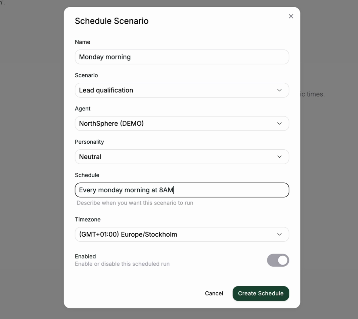 The Schedule Scenario dialog with name, scenario, agent, schedule, and timezone fields