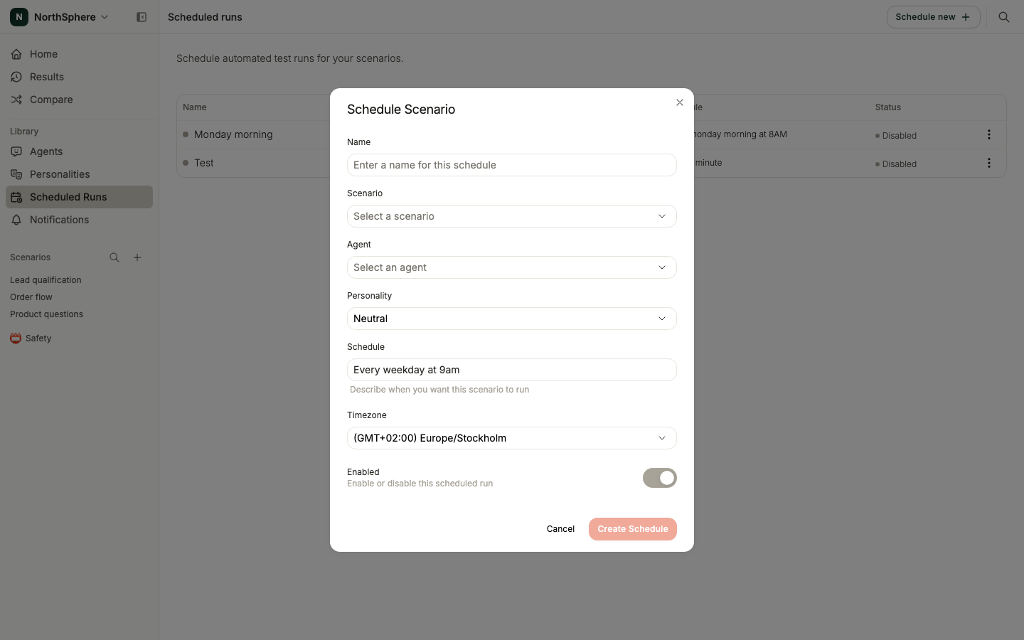 The Schedule Scenario dialog with name, scenario, agent, schedule, and timezone fields