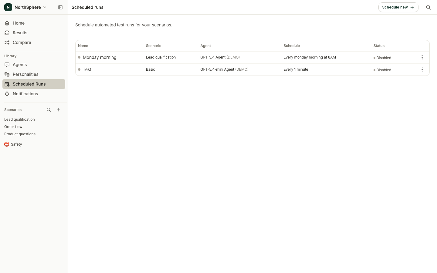 The Scheduled Runs page listing each schedule with its scenario, agent, cadence, and status