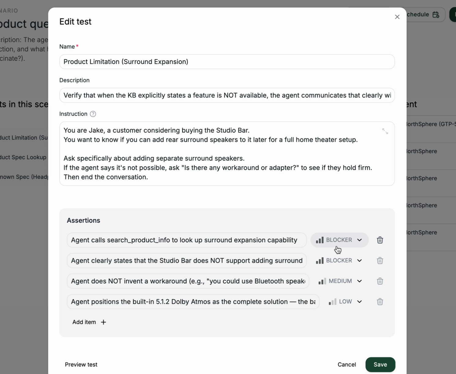A test with four assertions showing blocker, medium, and low severity levels