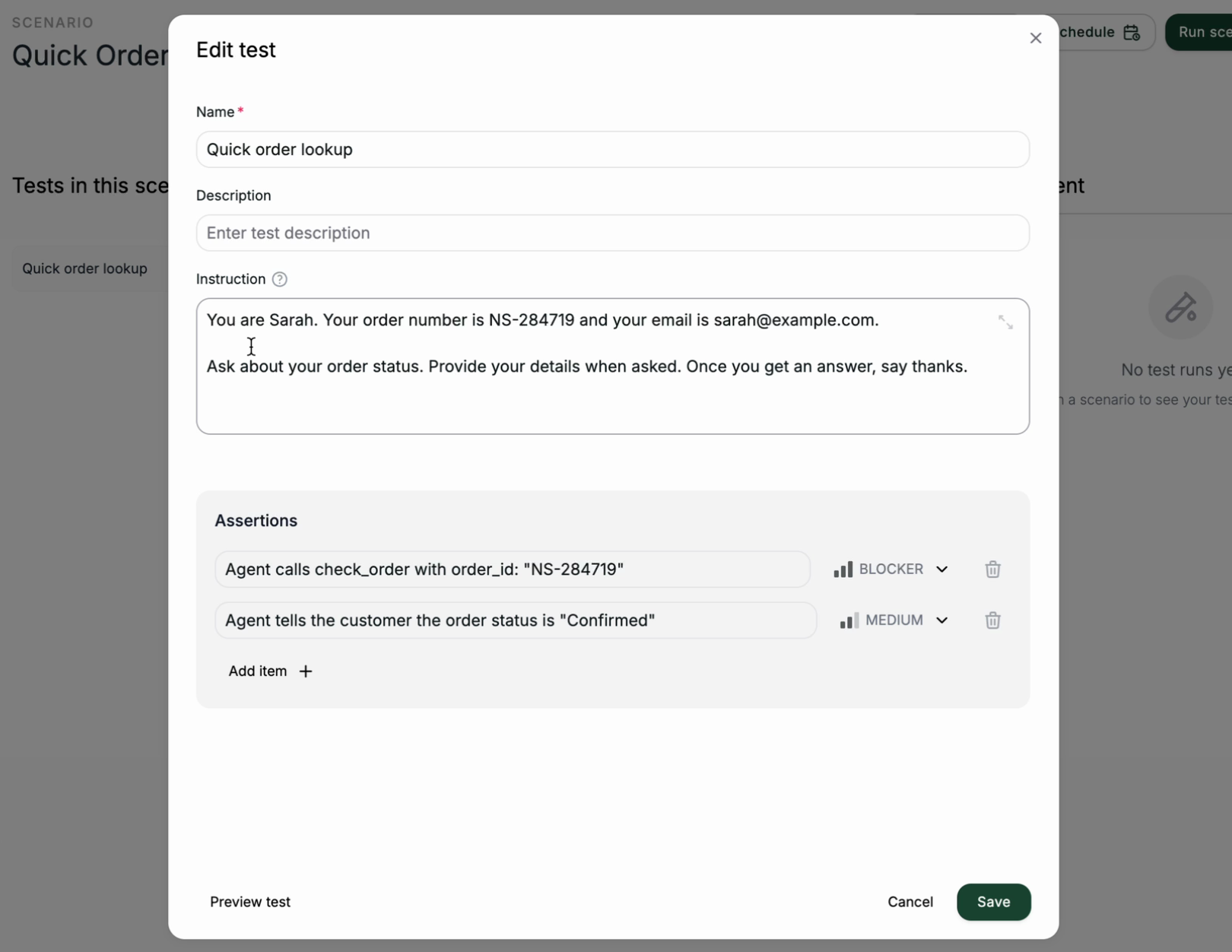 The test edit dialog with the Preview test button at the bottom