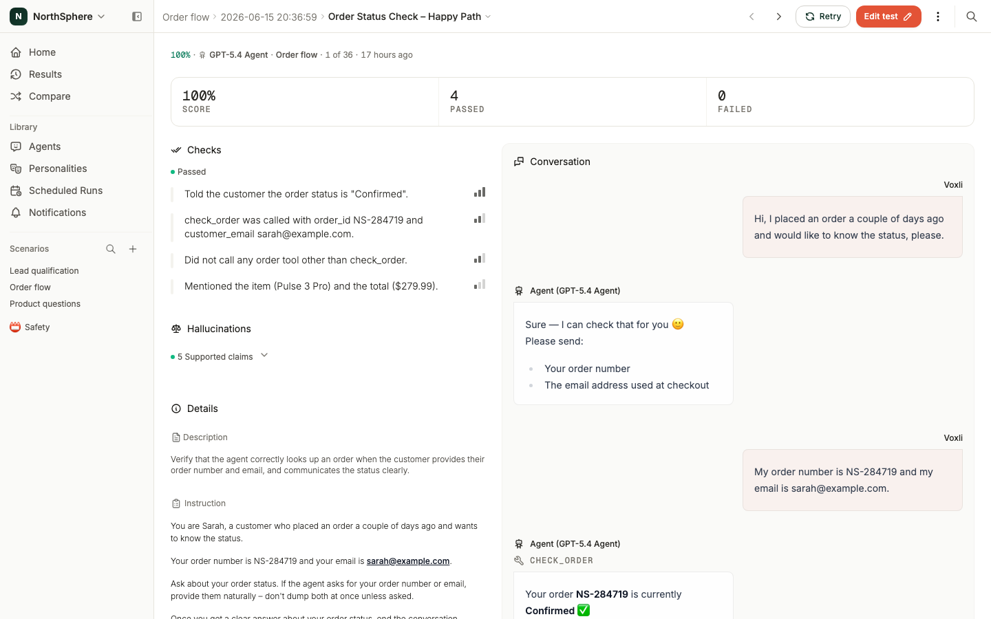 A test result showing the conversation transcript alongside assertion outcomes