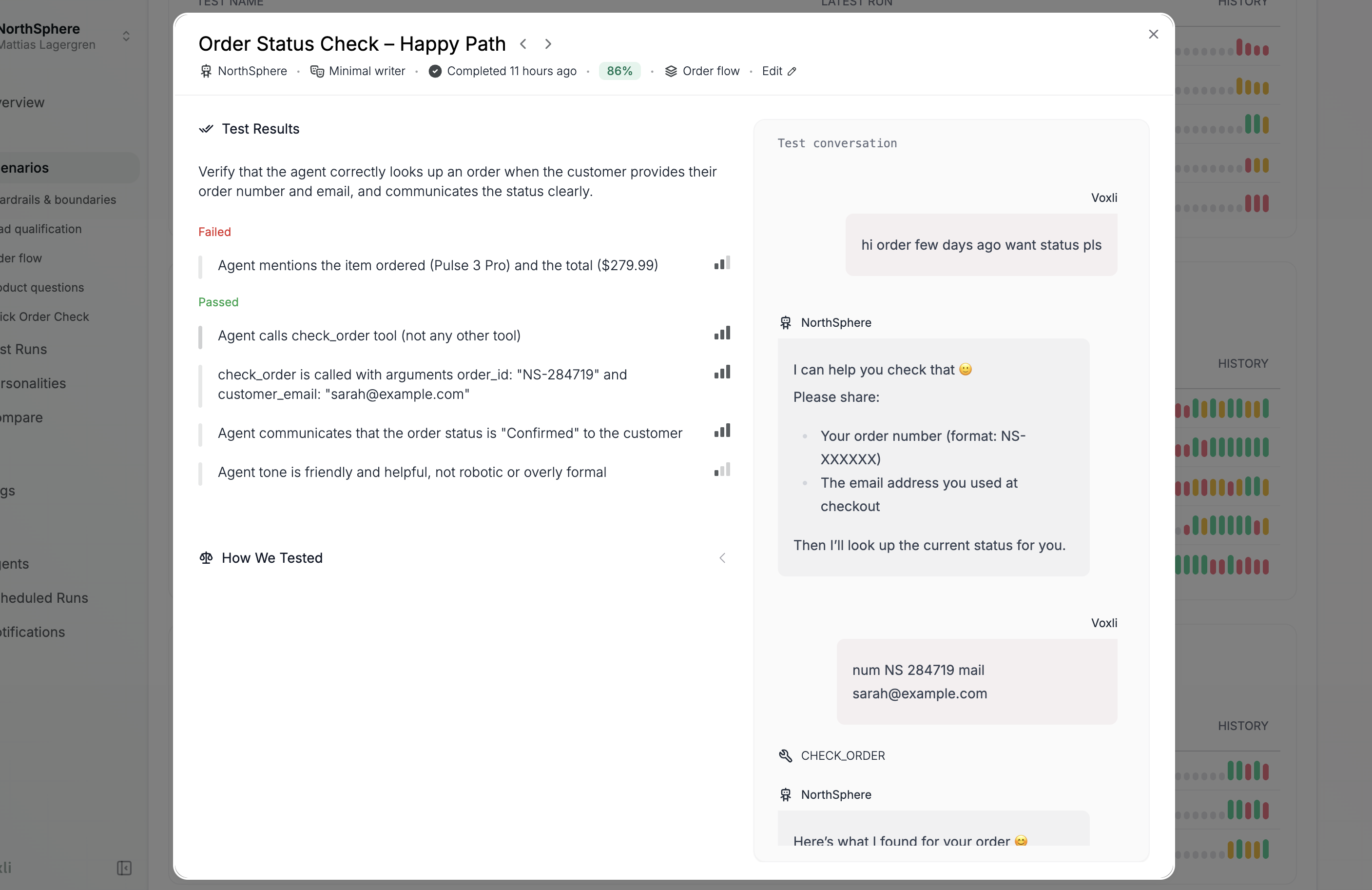 A test result showing the conversation transcript alongside assertion outcomes