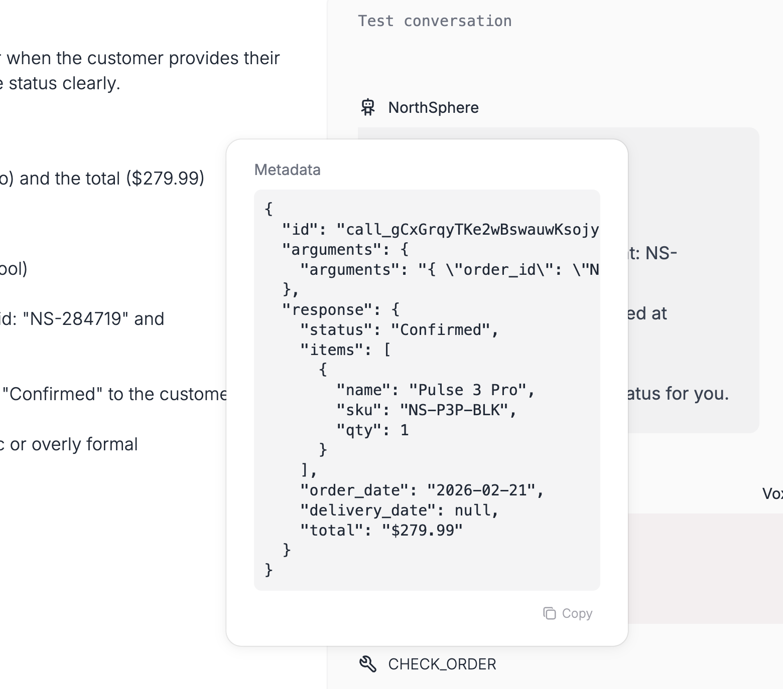 A tool call in the conversation showing arguments and return value on hover