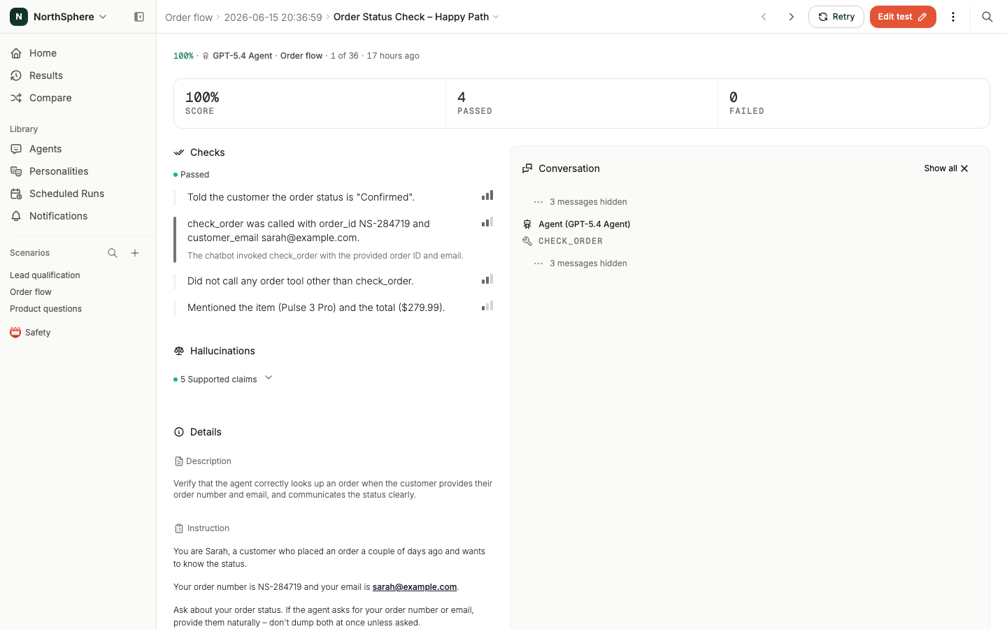 Selecting an assertion filters the conversation to the related tool call and messages