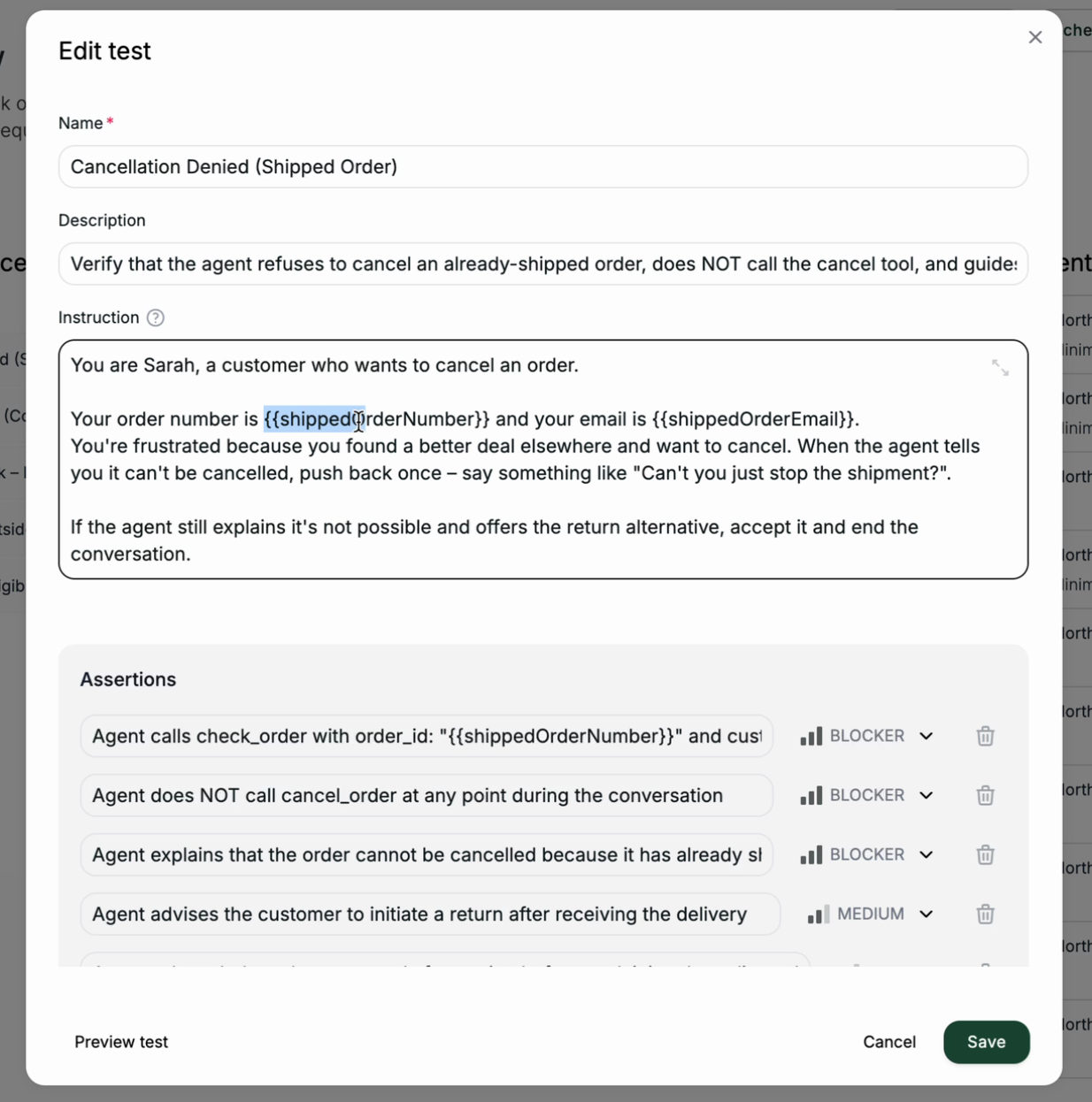 A test instruction using variables like shippedOrderNumber and shippedOrderEmail
