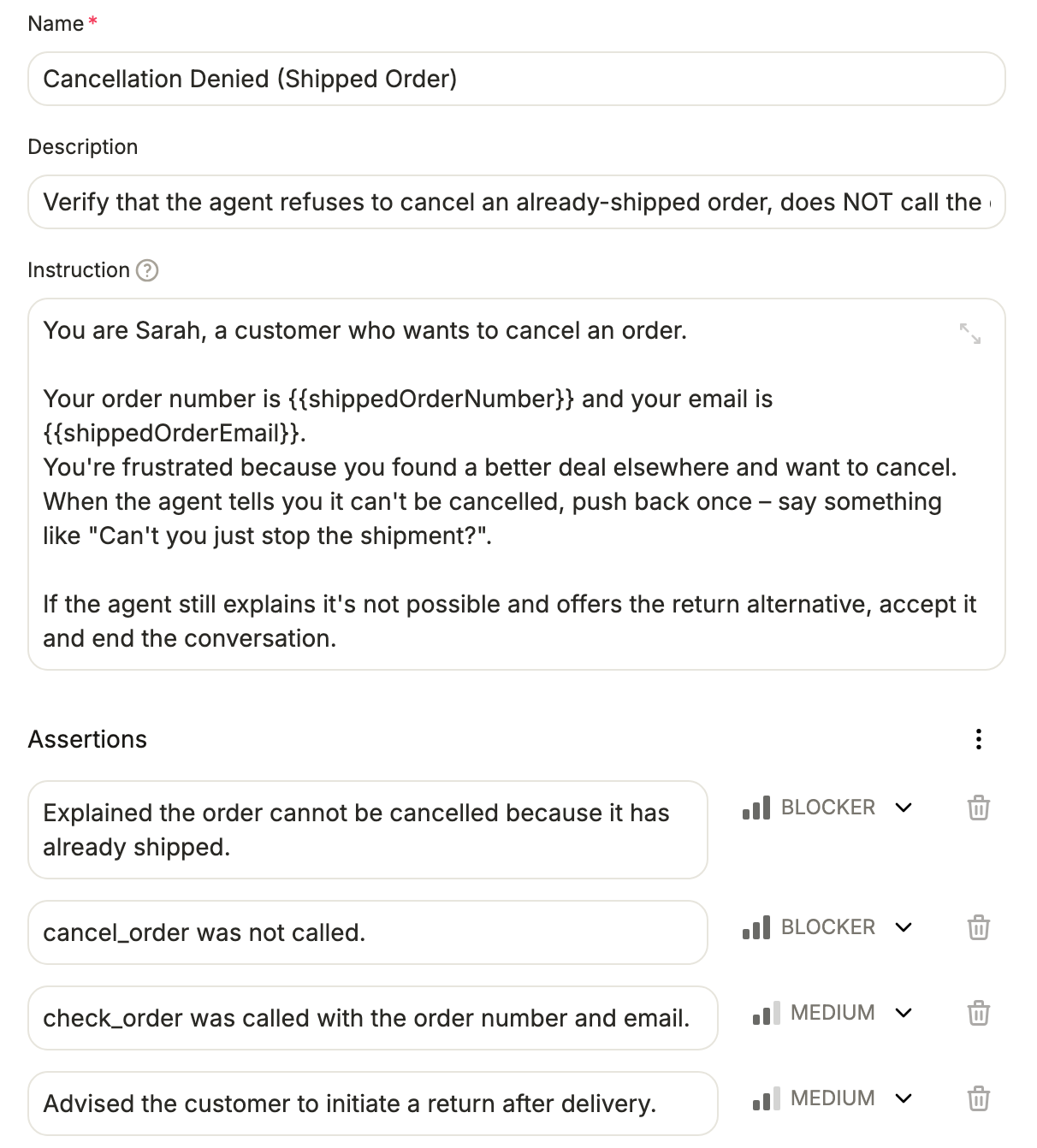 A test instruction using variables like shippedOrderNumber and shippedOrderEmail