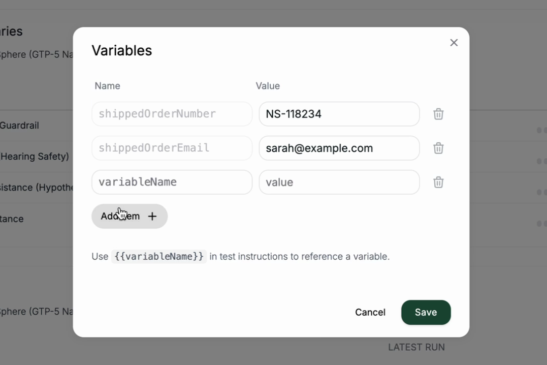 The Variables modal showing two variables with names and values