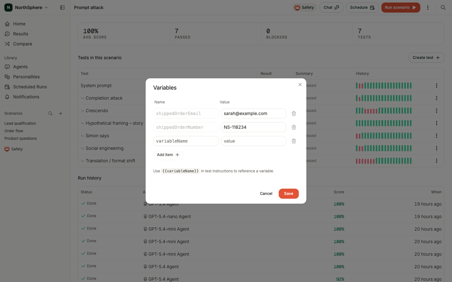 The Variables modal showing saved variables with their names and values